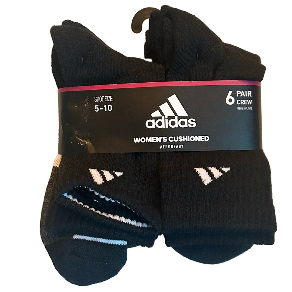 Adidas Woman’s Black Crew Socks 6 Pairs Shoe Size 5 - 10